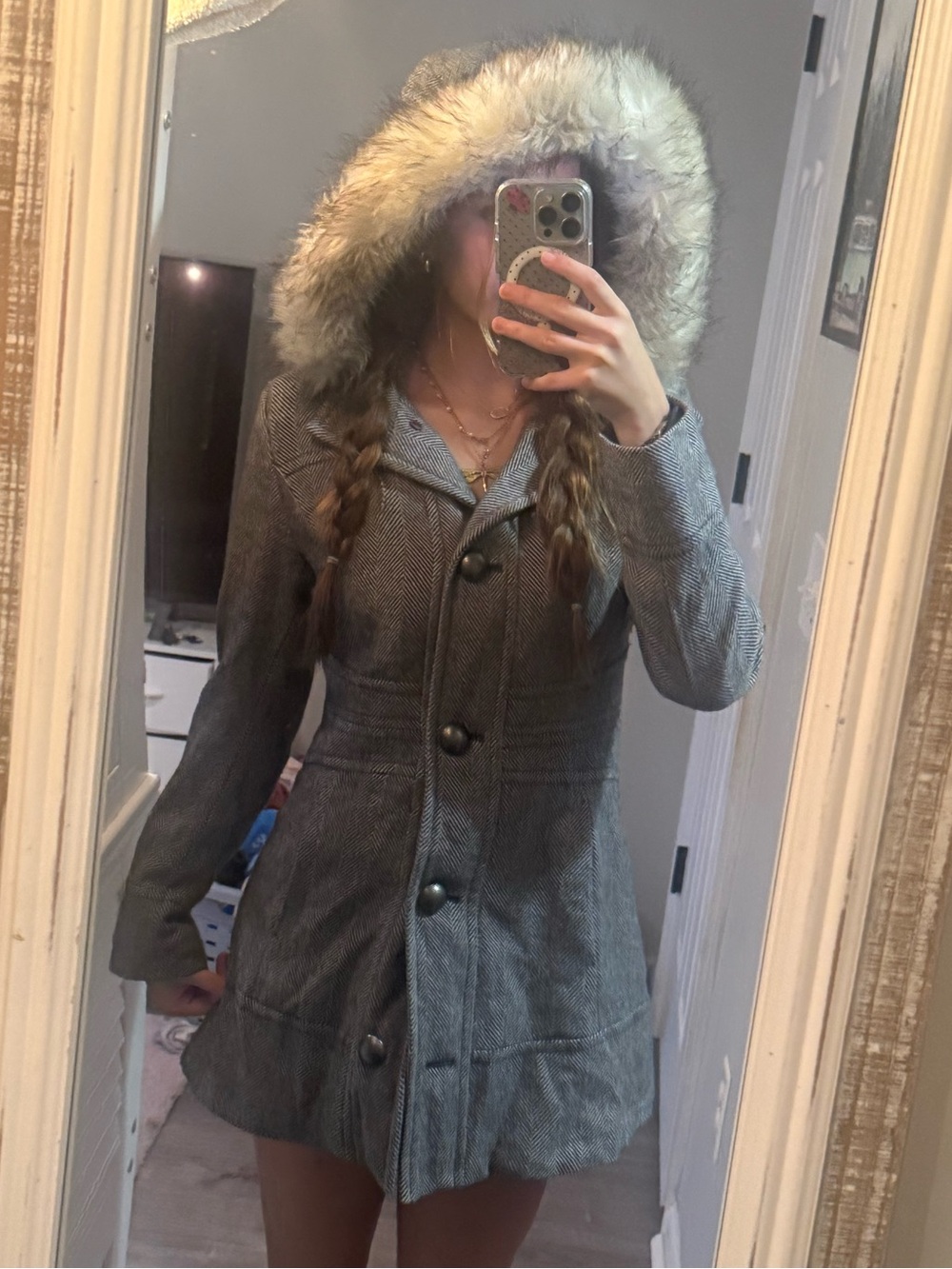 Gray Esprit herringbone wool coat with fur hood
